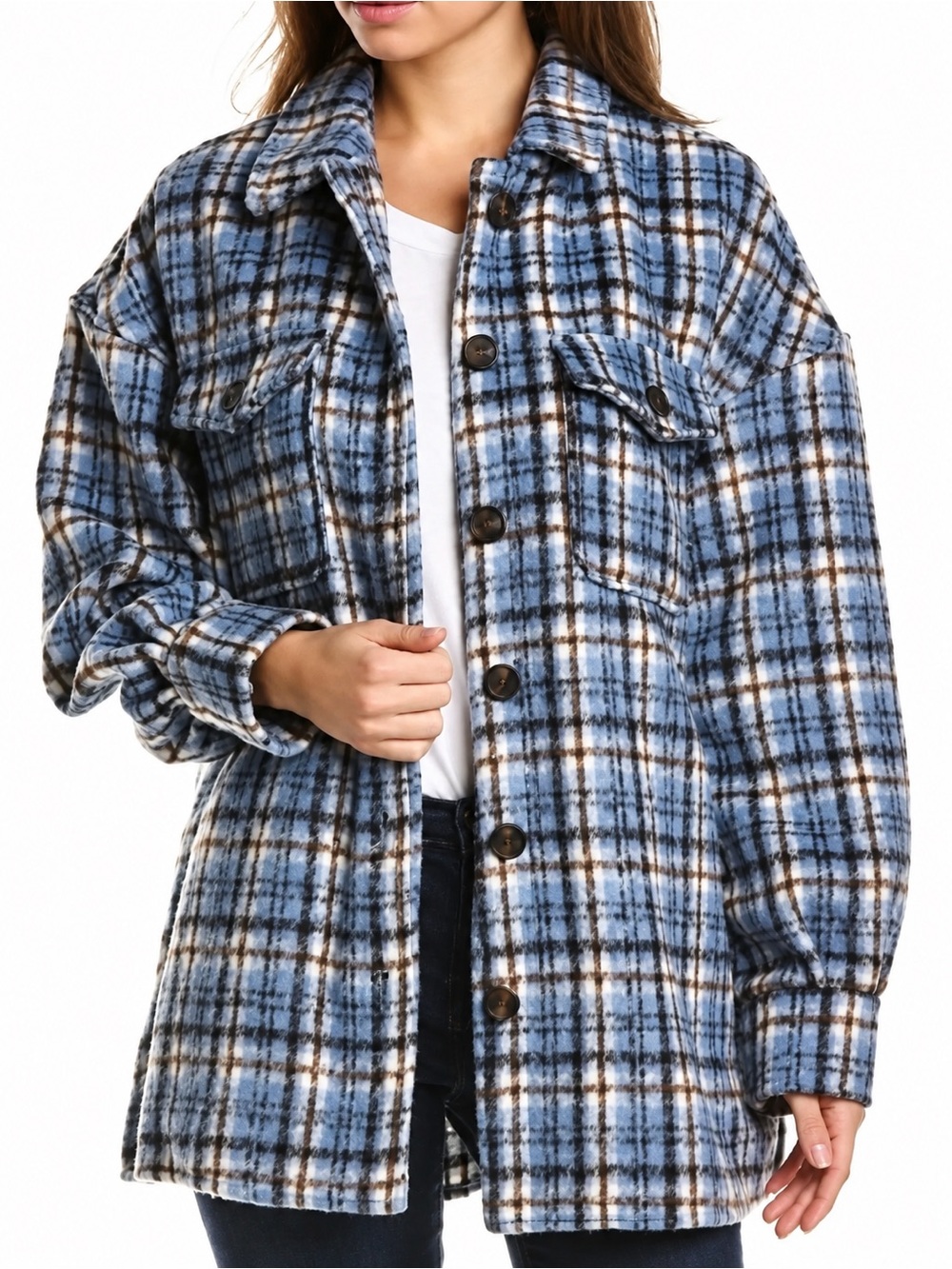 Avec Les Filles Sz Md Blue Plaid Boyfriend Relaxed Shacket